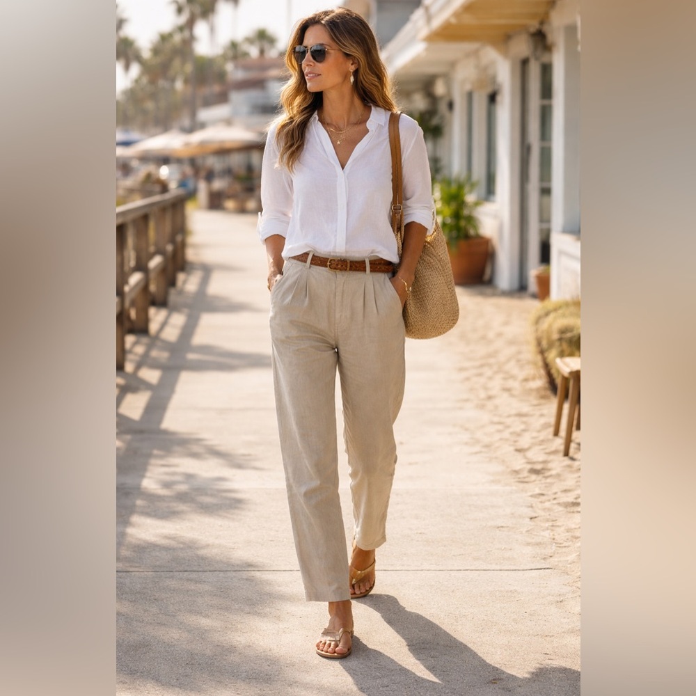 Vintage Ramie Blend Chino Pants | Straight Leg Neutral Trousers · Ascente